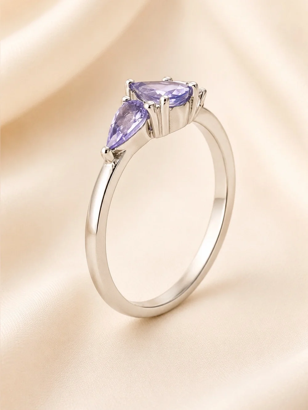 Tanzanite 3 Stone Ring 0.75 CTW Violet Blue Pear Cut Stainless Steel Ring Size 7